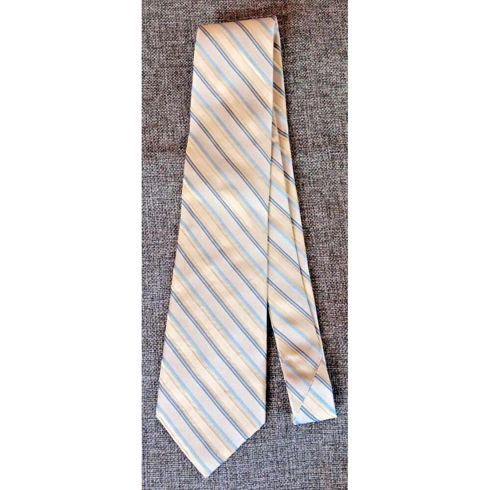 Tie 70s 80s 90s Y2K Mens Calvin Klein Silk Beige Blue Stripe 3.75 Wide 59 Long